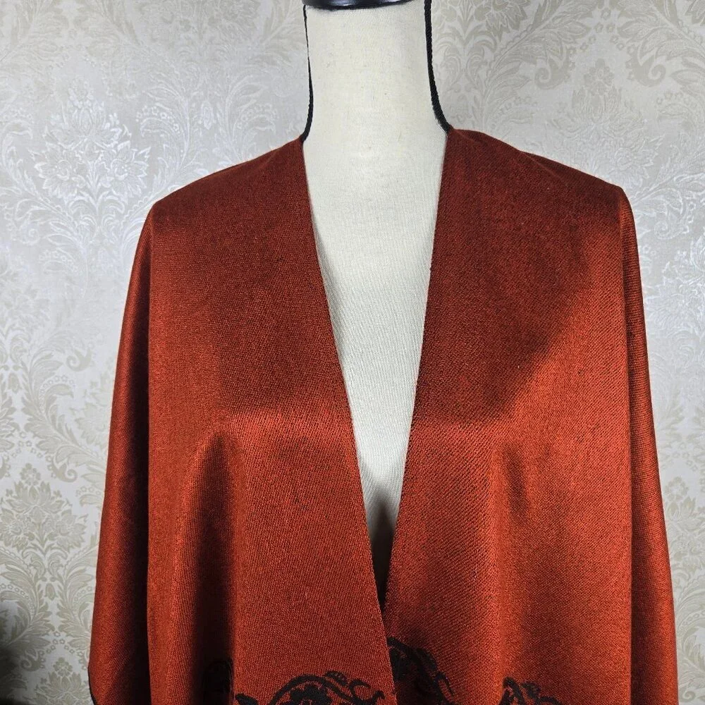 Unbranded Rust Orange Black Reversible Ruana Floral Accents Fringe